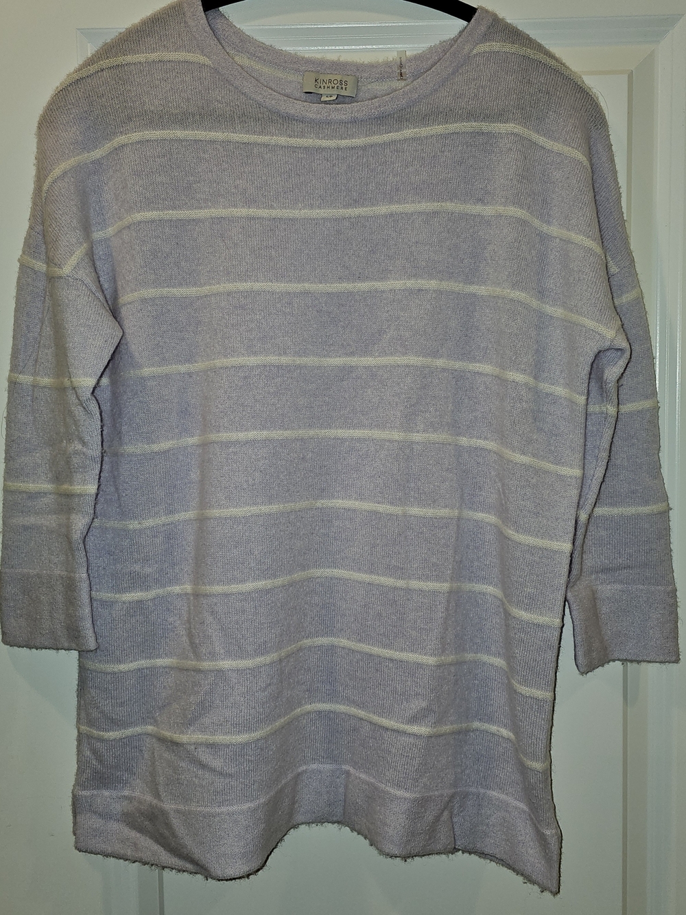 Kinross 100% Cashmere Light Purple White Striped 3/4 Sleeve Sweater Small